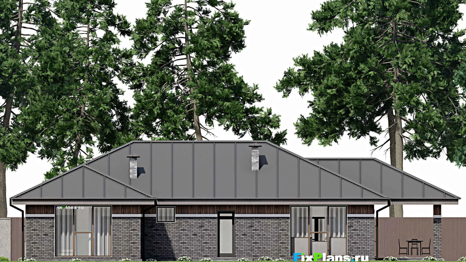 F-9935 - Проект одноэтажного дома 16 на 22, площадью 220 м² с террасой и 2 спальнями