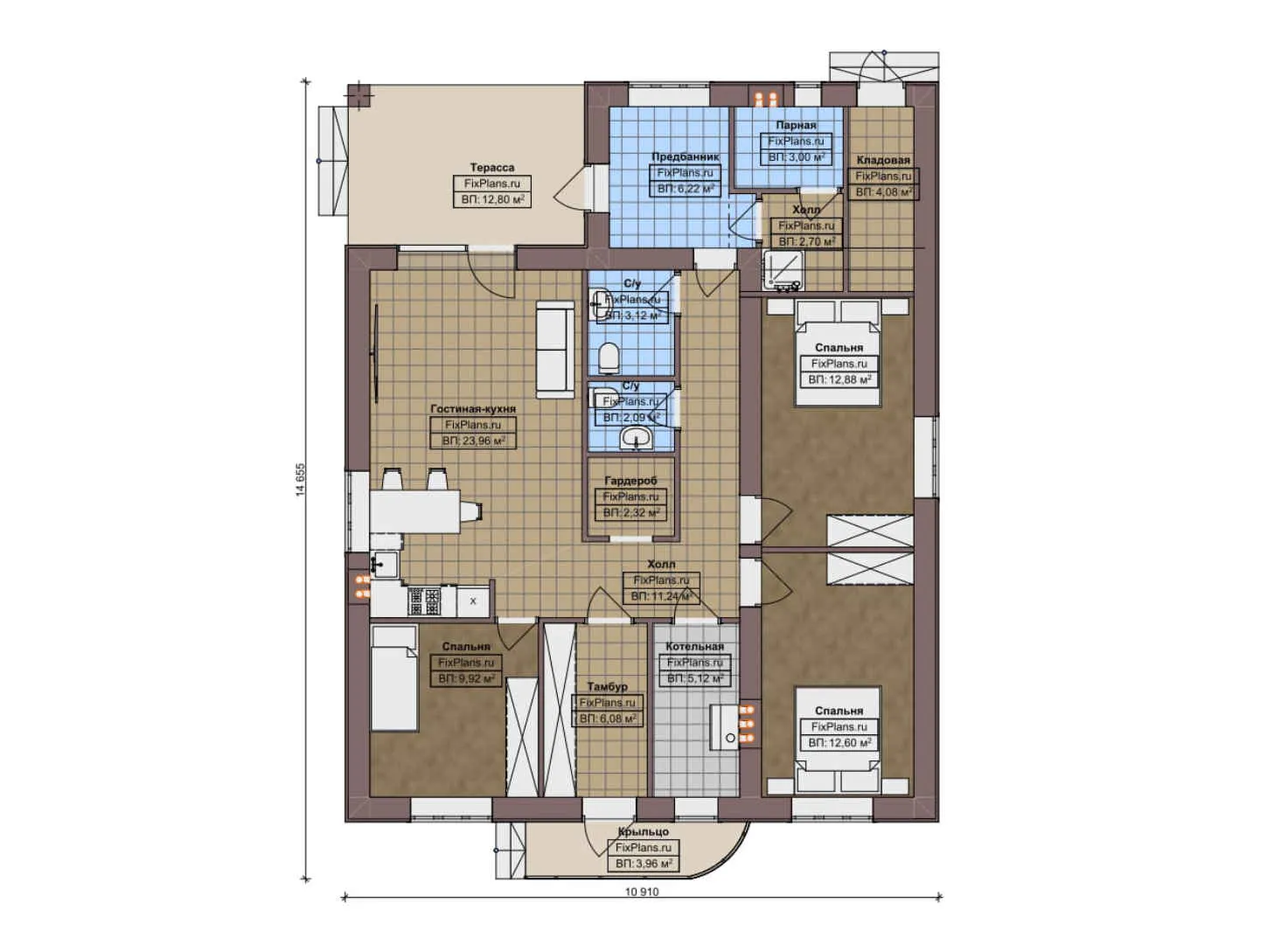 F-10151 - План одноэтажного дома 11 на 15, площадью 130 м² с террасой, баней и 3 спальнями