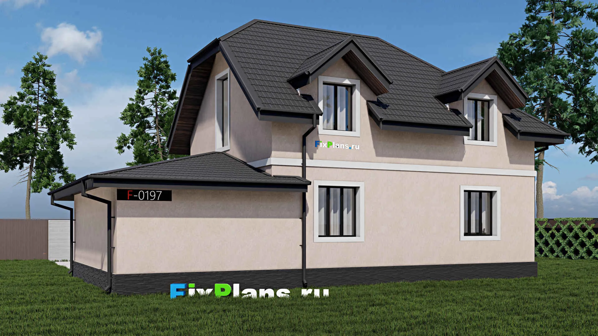 F-0197 - Проект дома с мансардой 11 на 15, площадью 160 м² с балконом, гаражом на 1 машину и 4 спальнями