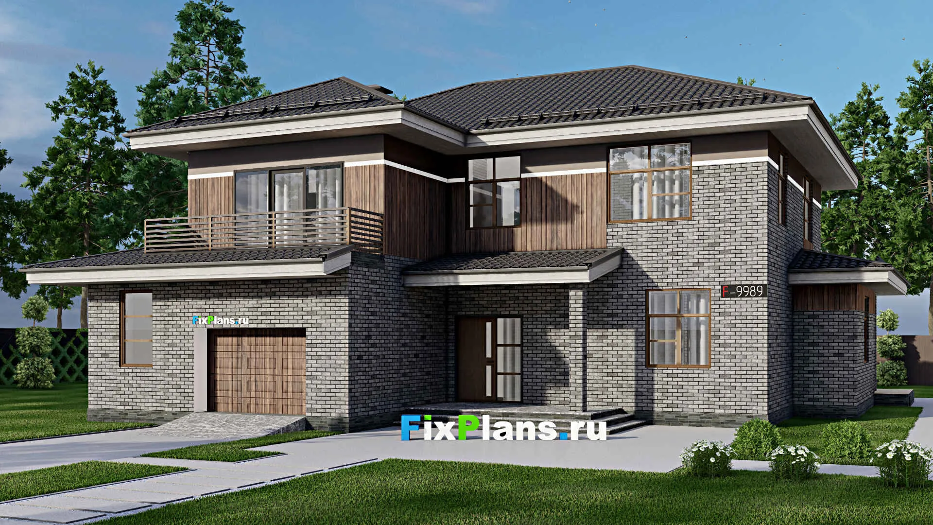 F-9989 - Проект двухэтажного дома 17 на 18, площадью 270 м² с террасой, балконом, гаражом на 2 машины и 3 спальнями