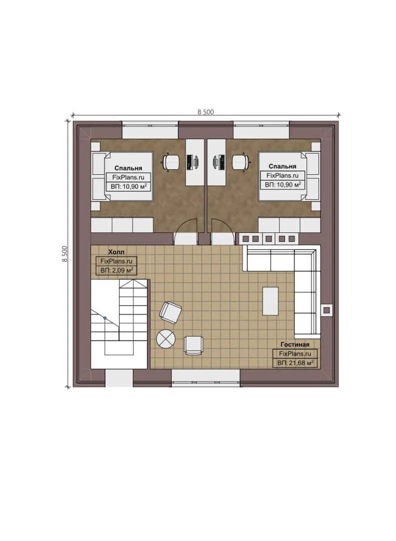 F-1196 - Планы дома с мансардой 9 на 9, площадью 120 м² с террасой и 2 спальнями
