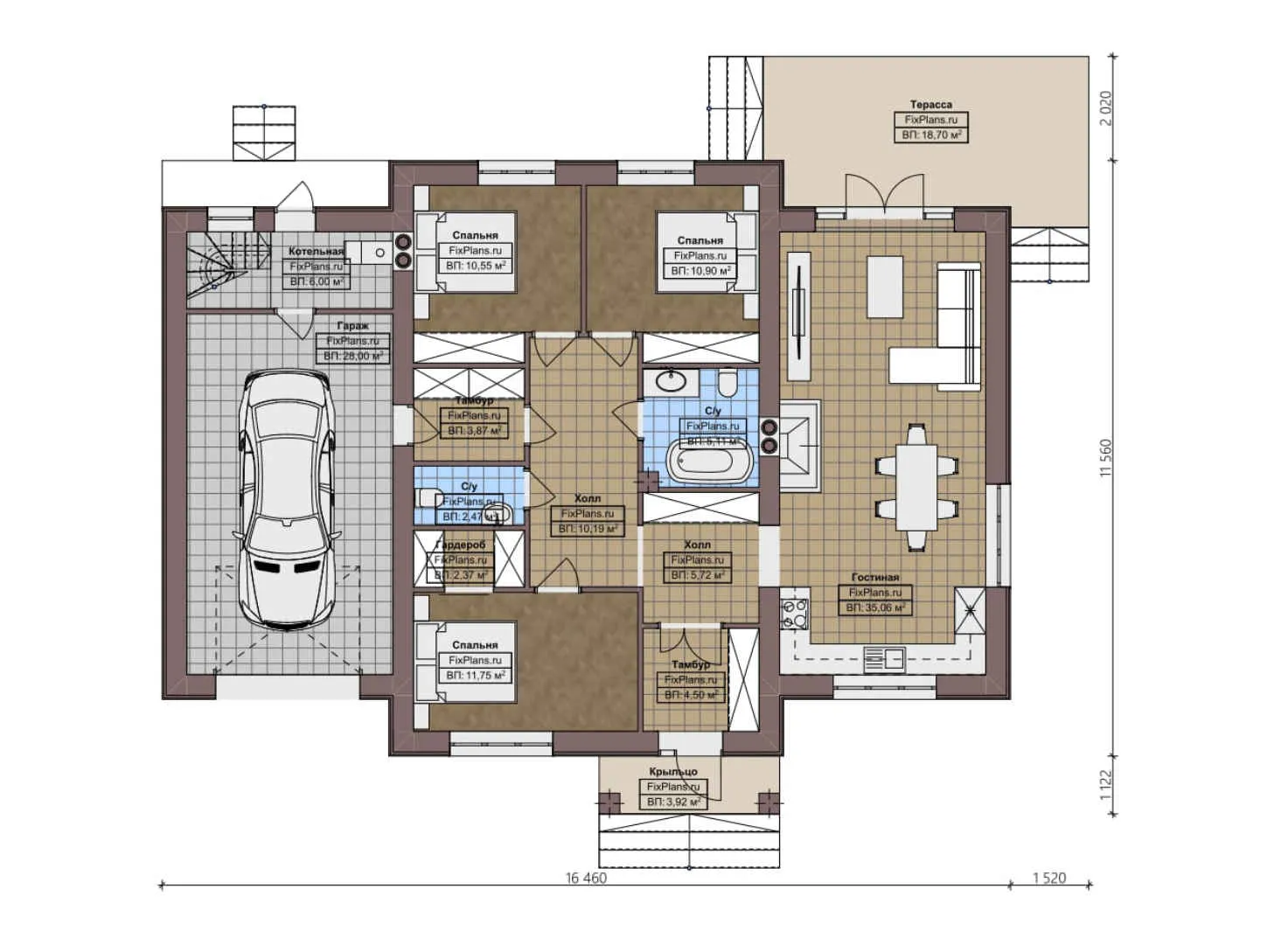 F-2060 - План одноэтажного дома 12 на 17, площадью 160 м² с террасой, гаражом на 1 машину и 3 спальнями