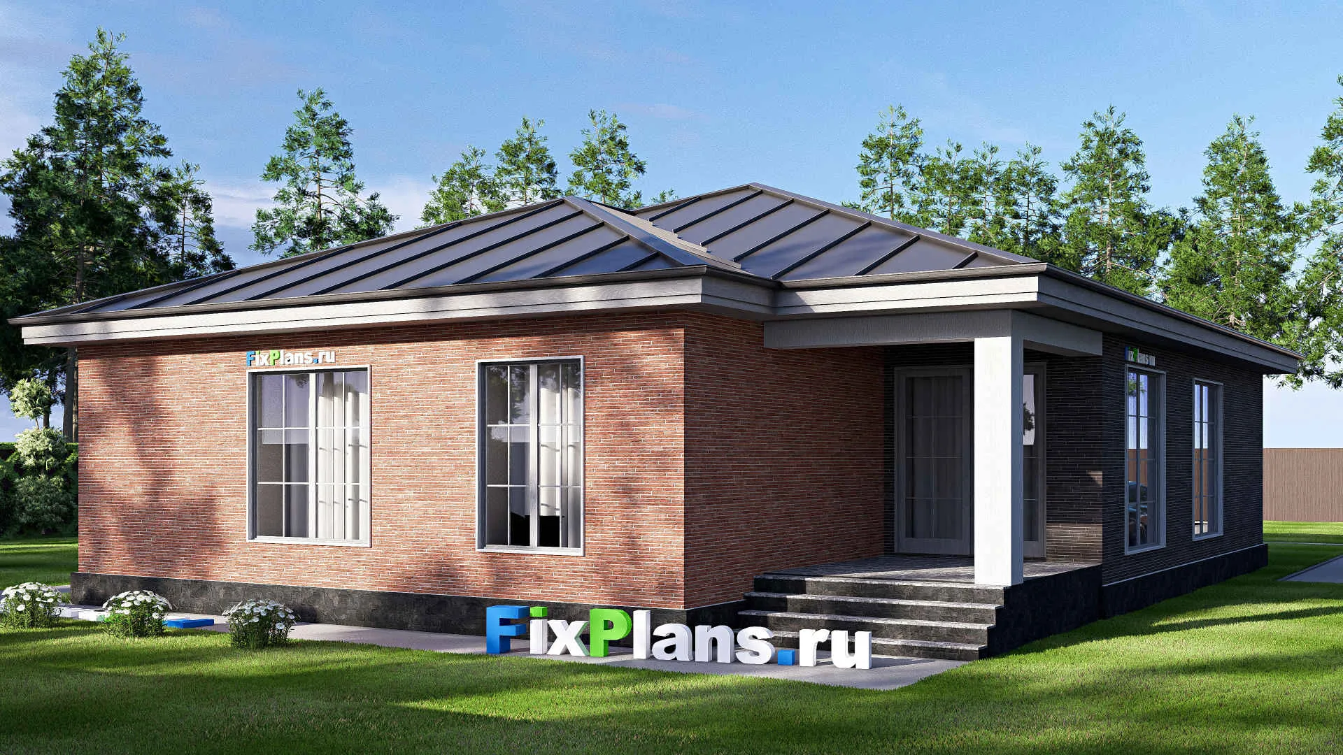 F-19034 - Проект одноэтажного дома 13 на 19, площадью 190 м² с террасой и 4 спальнями