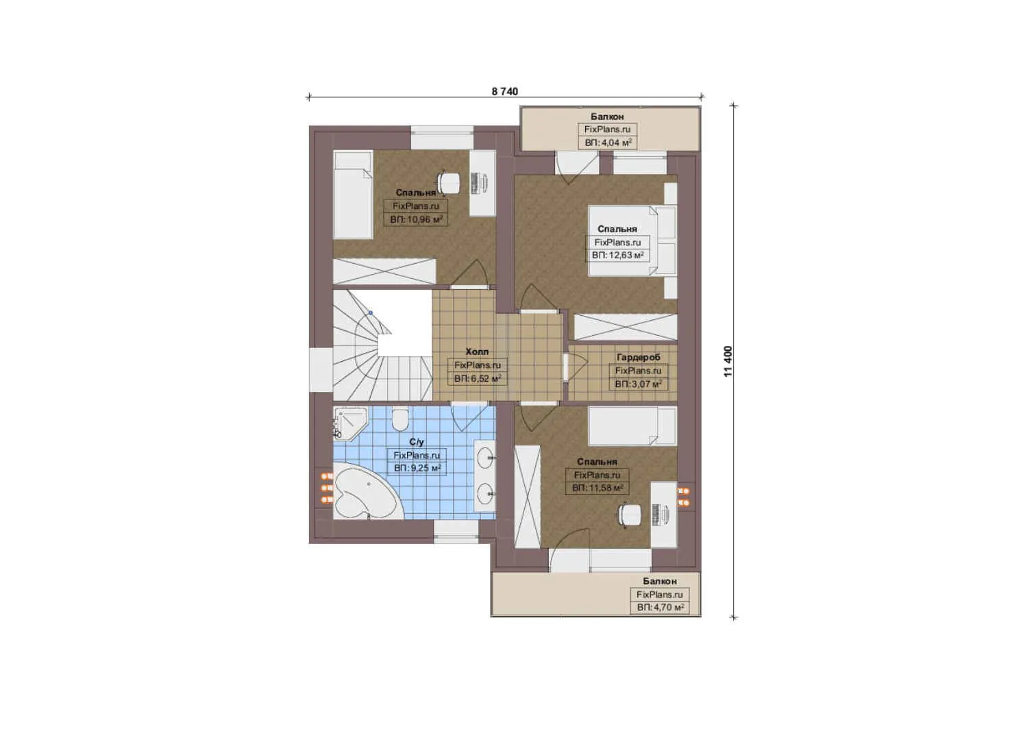 F-12113 - Планы дома с мансардой 9 на 12, площадью 130 м² с террасой, балконом и 4 спальнями
