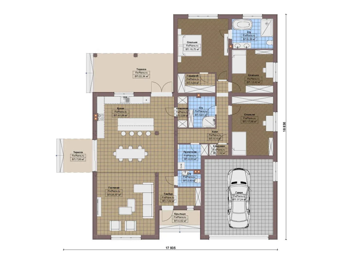 F-16496 - План одноэтажного дома 18 на 19, площадью 240 м² с 3 спальнями