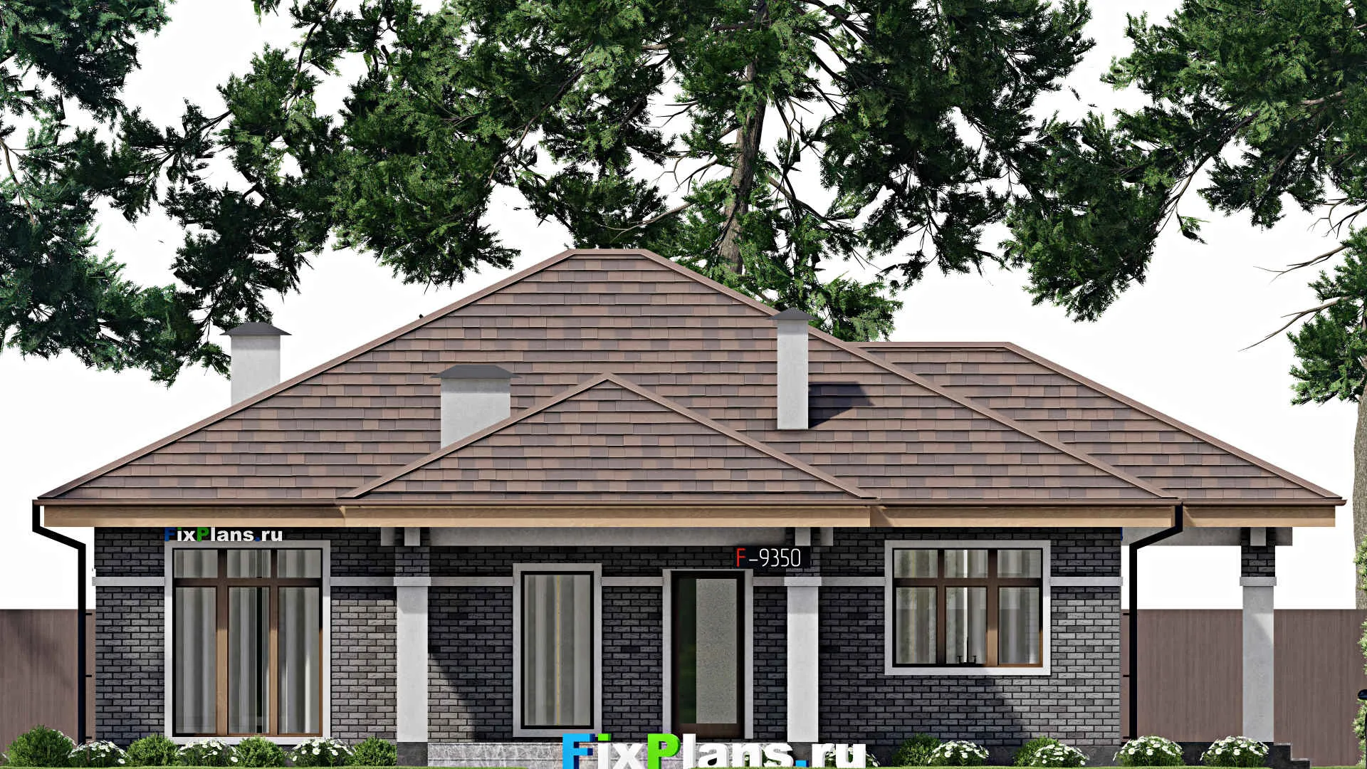 F-9350 - Проект одноэтажного дома 15 на 16, площадью 160 м² с террасой и 3 спальнями