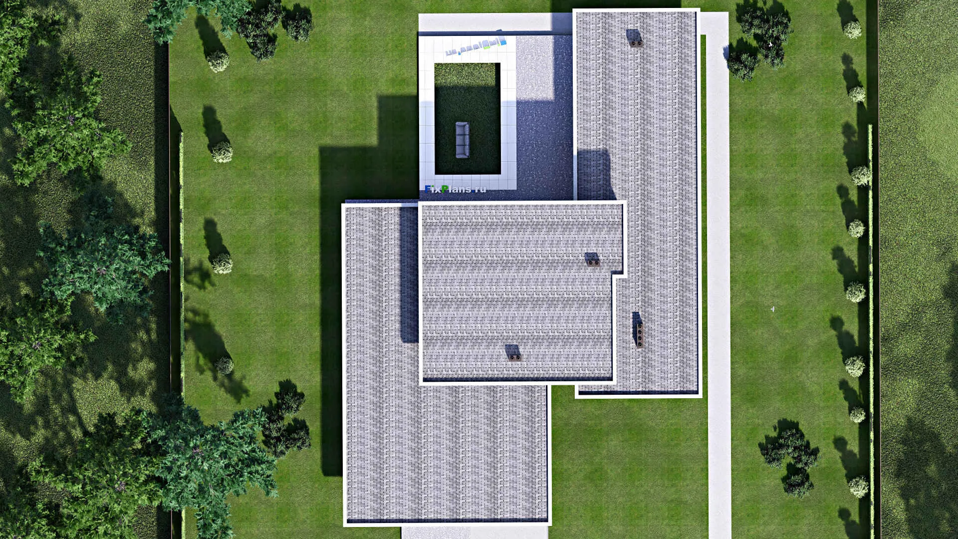 F-5327 - Проект двухэтажного дома 22 на 33, площадью 360 м² с террасой, баней, гаражом на 2 машины и 3 спальнями