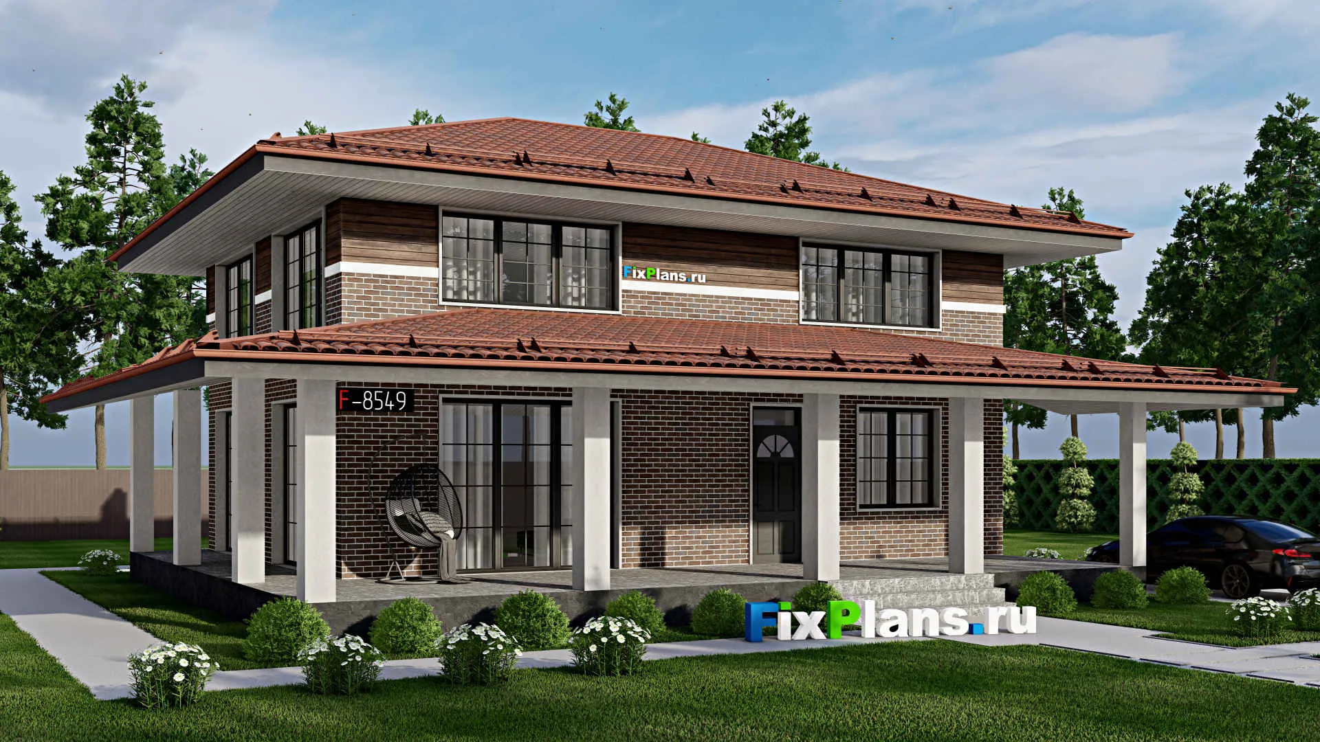 F-8549 - Проект двухэтажного дома 15 на 15, площадью 250 м² с террасой и 4 спальнями