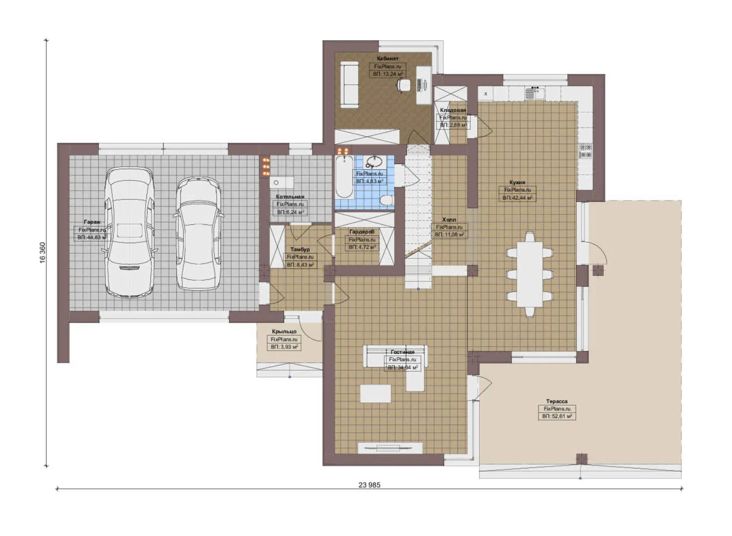 F-16658 - Планы двухэтажного дома 17 на 24, площадью 340 м² с террасой, гаражом на 2 машины и 3 спальнями