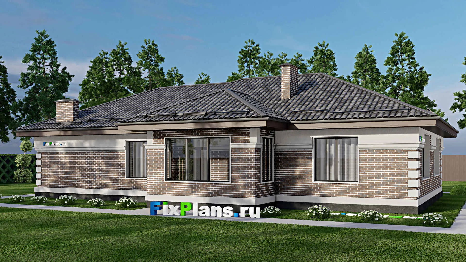 F-7424 - Проект одноэтажного дома 14 на 19, площадью 170 м² с террасой, гаражом на 1 машину и 2 спальнями