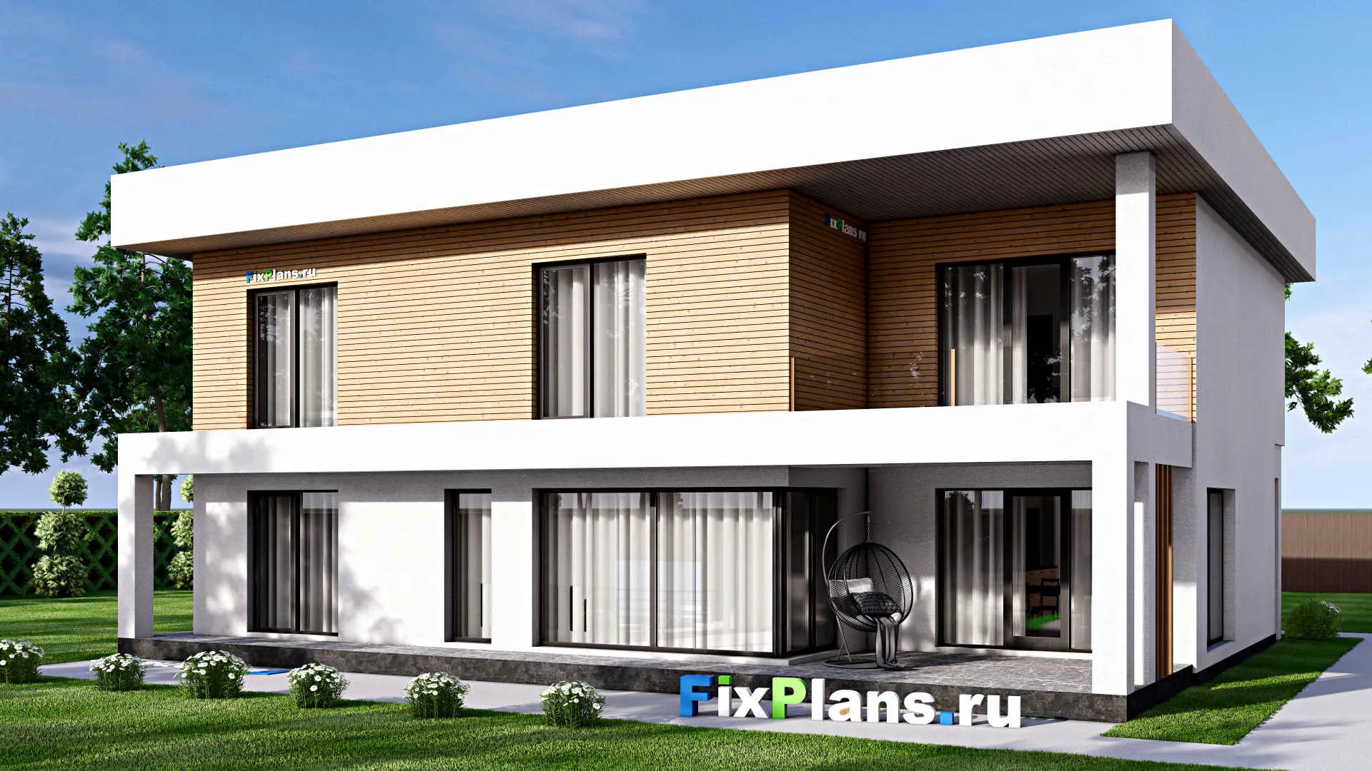 F-16604 - Проект двухэтажного дома 15 на 17, площадью 740 м² с террасой, балконом, гаражом на 2 машины и 5 спальнями