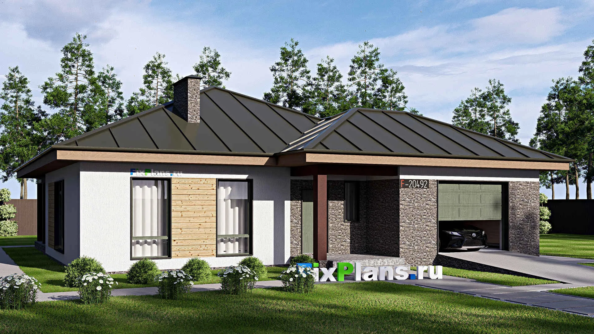 F-20492 - Проект одноэтажного дома 16 на 16, площадью 160 м² с террасой, гаражом на 1 машину и 2 спальнями