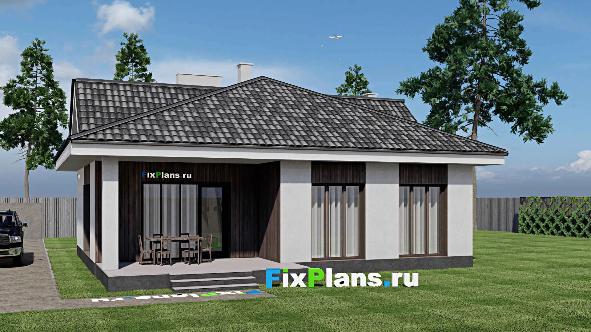 F-1097 - Проект одноэтажного дома 11 на 12, площадью 110 м² с террасой и 3 спальнями