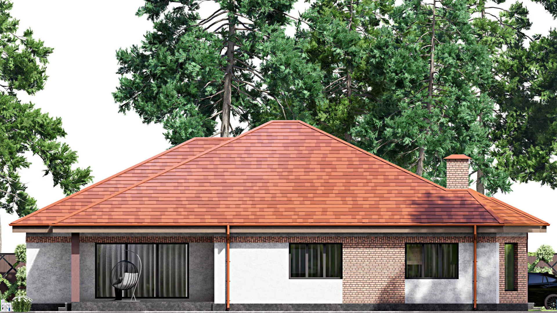 F-15425 - Проект одноэтажного дома 17 на 21, площадью 280 м² с террасой, баней, бассейном и 2 спальнями