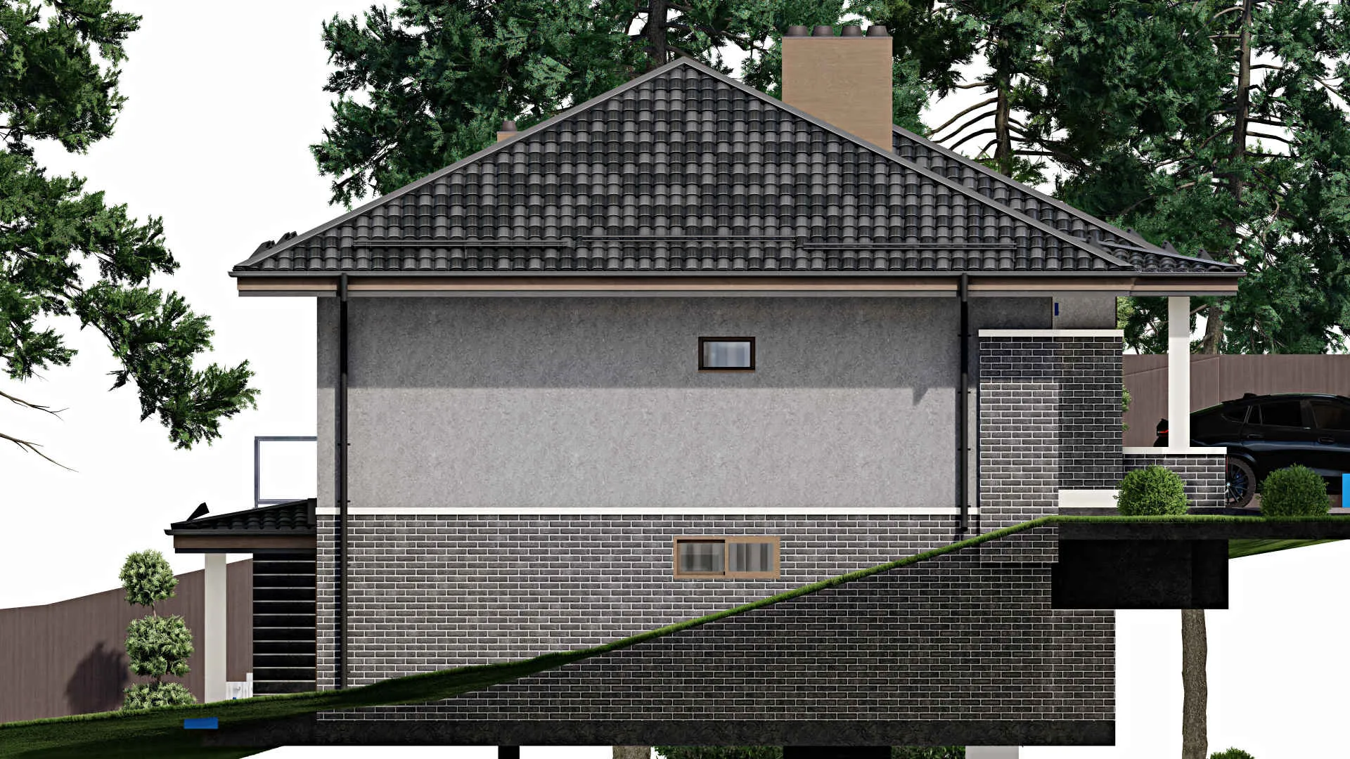 F-3122 - Проект одноэтажного дома 12 на 17, площадью 330 м² с террасой, цокольным этажом, баней, гаражом на 1 машину и 3 спальнями