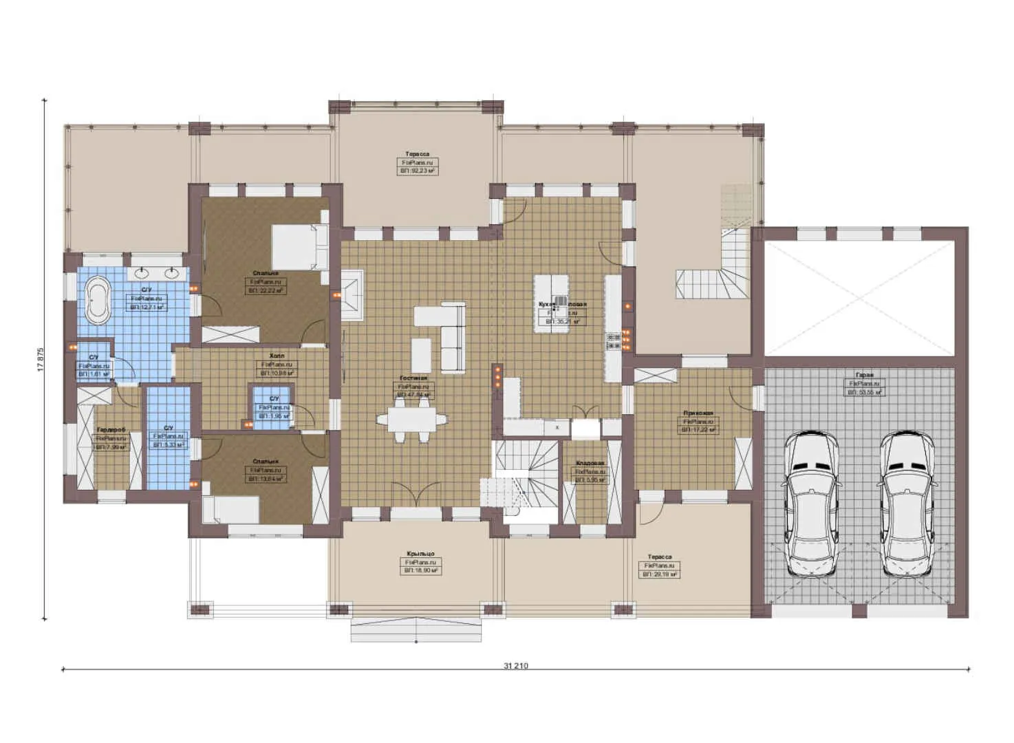 F-20618 - Планы двухэтажного дома 18 на 32, площадью 710 м² с террасой, цокольным этажом, гаражом на 2 машины и 5 спальнями
