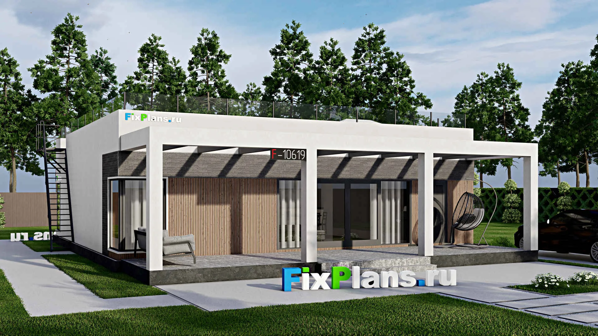 F-10619 - Проект одноэтажного дома 13 на 13, площадью 160 м² с террасой и 3 спальнями