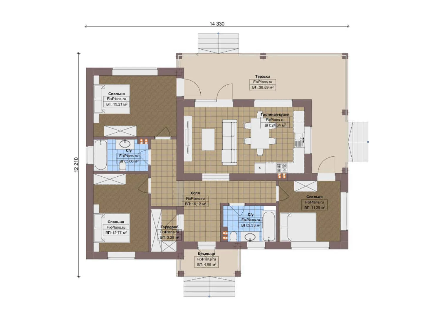 F-12446 - План одноэтажного дома 13 на 15, площадью 130 м² с террасой и 3 спальнями