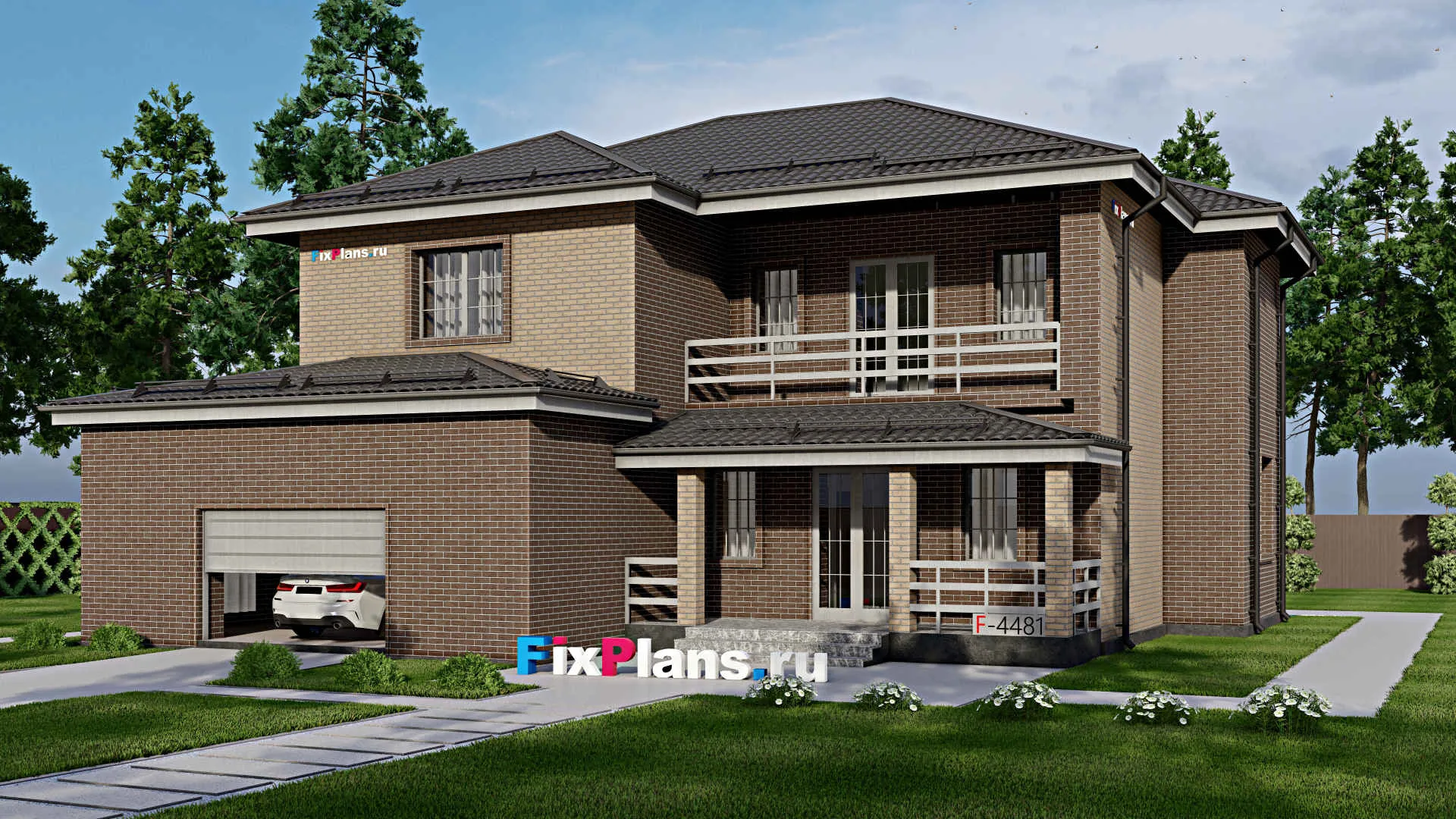 F-4481 - Проект двухэтажного дома 16 на 17, площадью 240 м² с балконом, гаражом на 2 машины и 3 спальнями