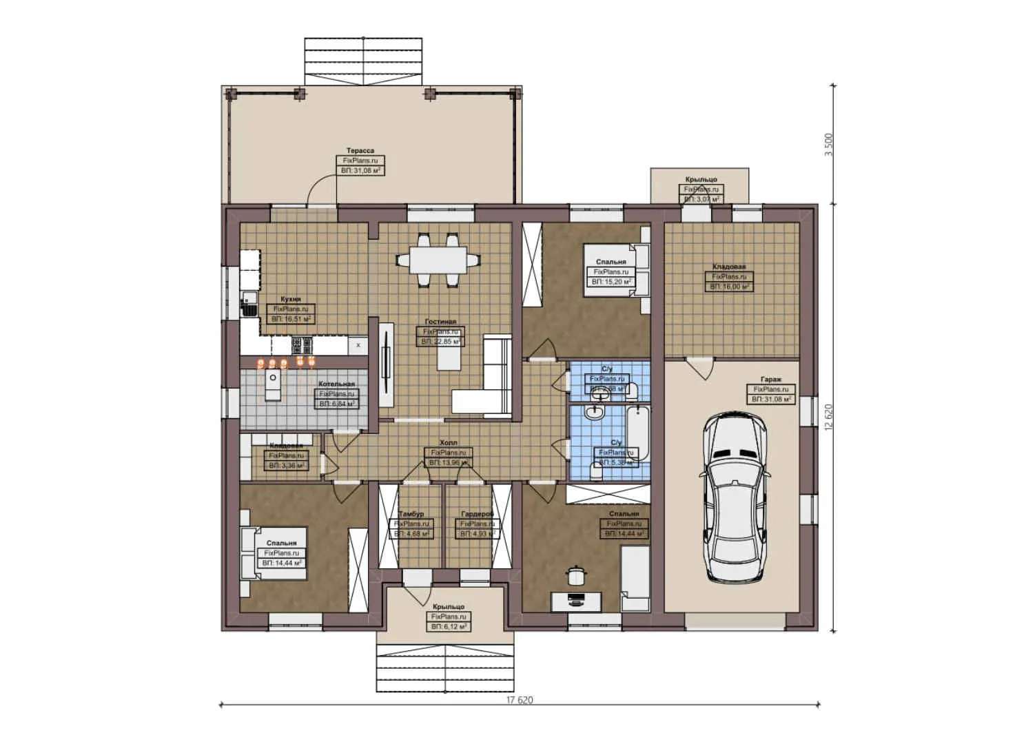 F-3896 - План одноэтажного дома 13 на 18, площадью 220 м² с террасой, гаражом на 1 машину и 3 спальнями