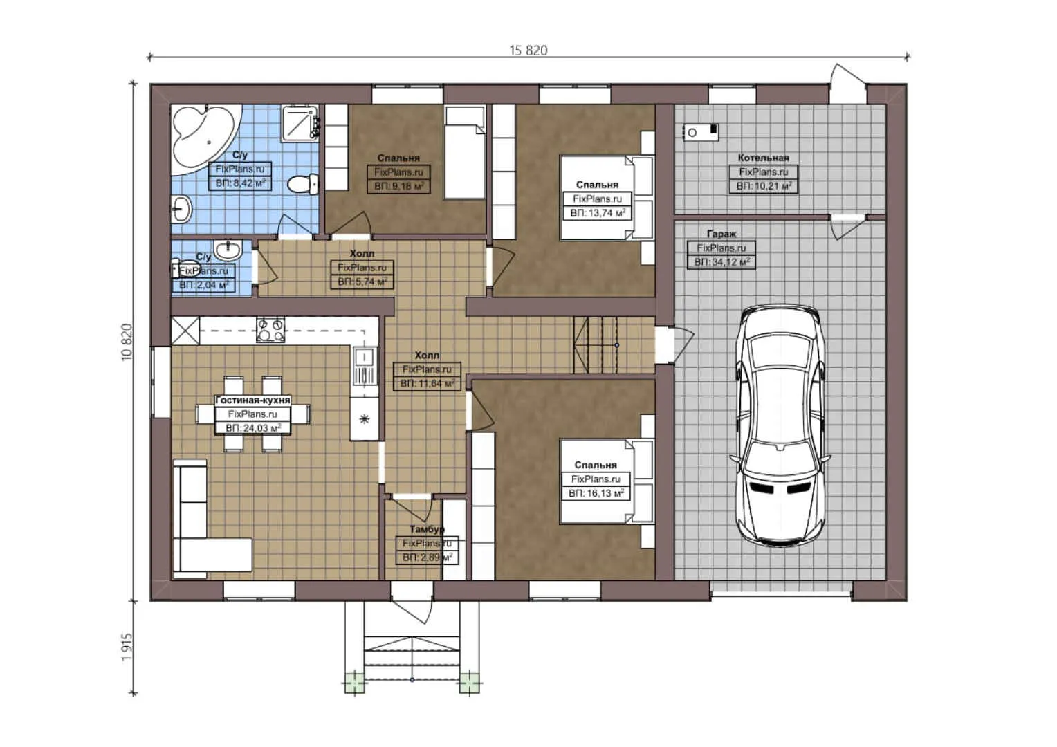 F-0998i - План одноэтажного дома 12 на 17, площадью 140 м² с гаражом на 1 машину и 3 спальнями
