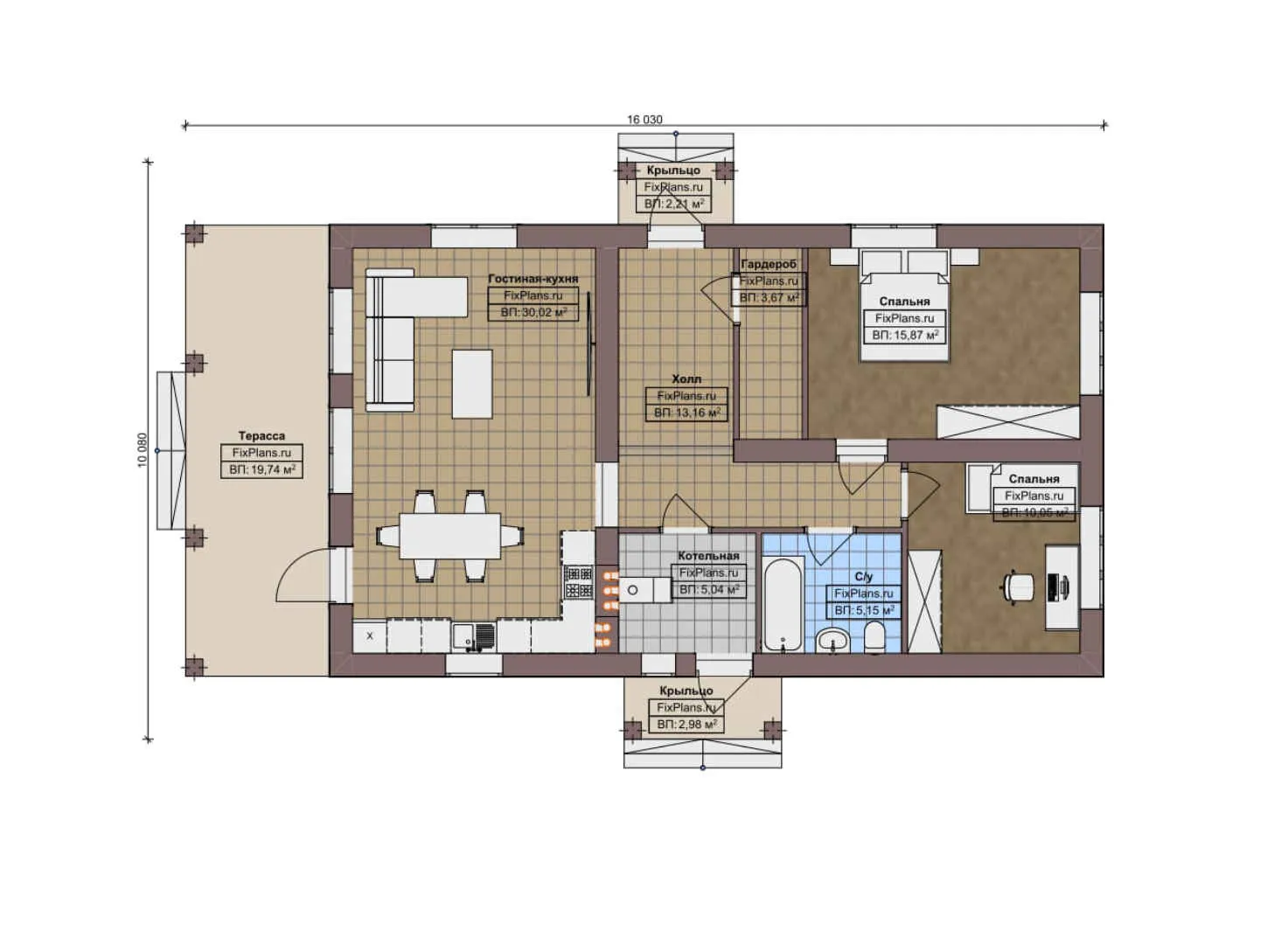 F-9098 - План одноэтажного дома 11 на 17, площадью 110 м² с террасой и 2 спальнями