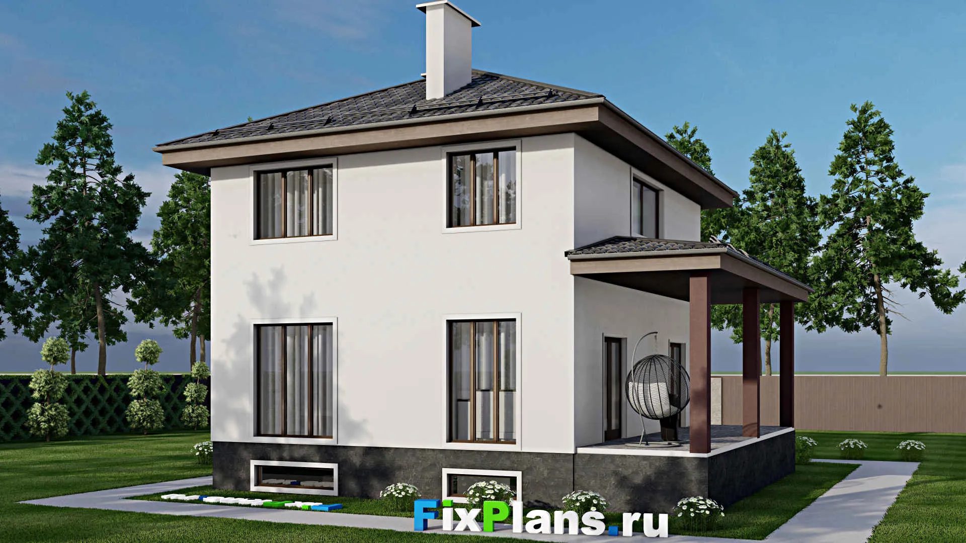 F-11150 - Проект двухэтажного дома 11 на 11, площадью 190 м² с террасой, цокольным этажом и 5 спальнями