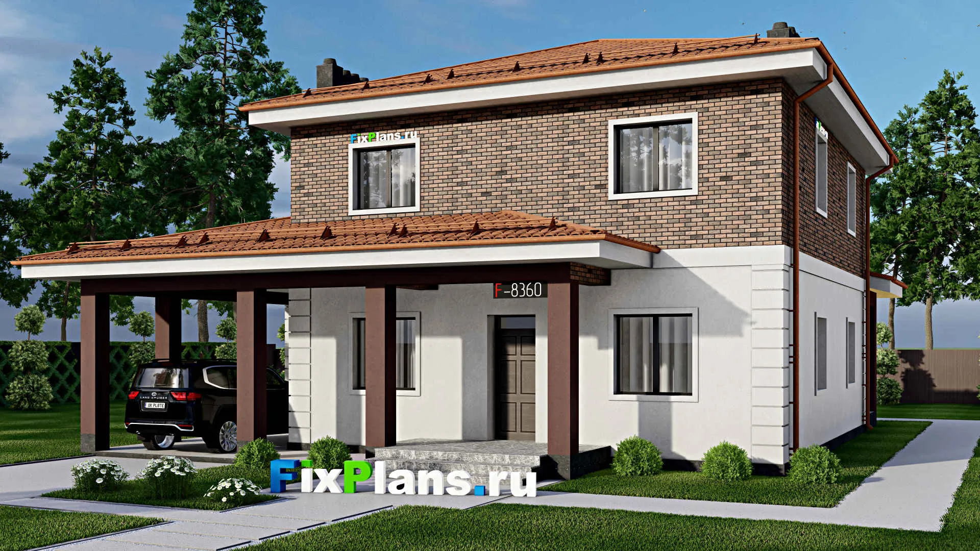 F-8360 - Проект двухэтажного дома 15 на 16, площадью 220 м² с террасой и 3 спальнями