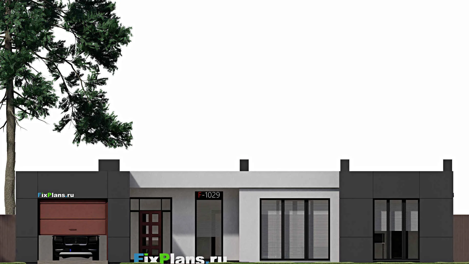 F-1079 - Проект одноэтажного дома 14 на 19, площадью 220 м² с террасой, гаражом на 1 машину и 3 спальнями
