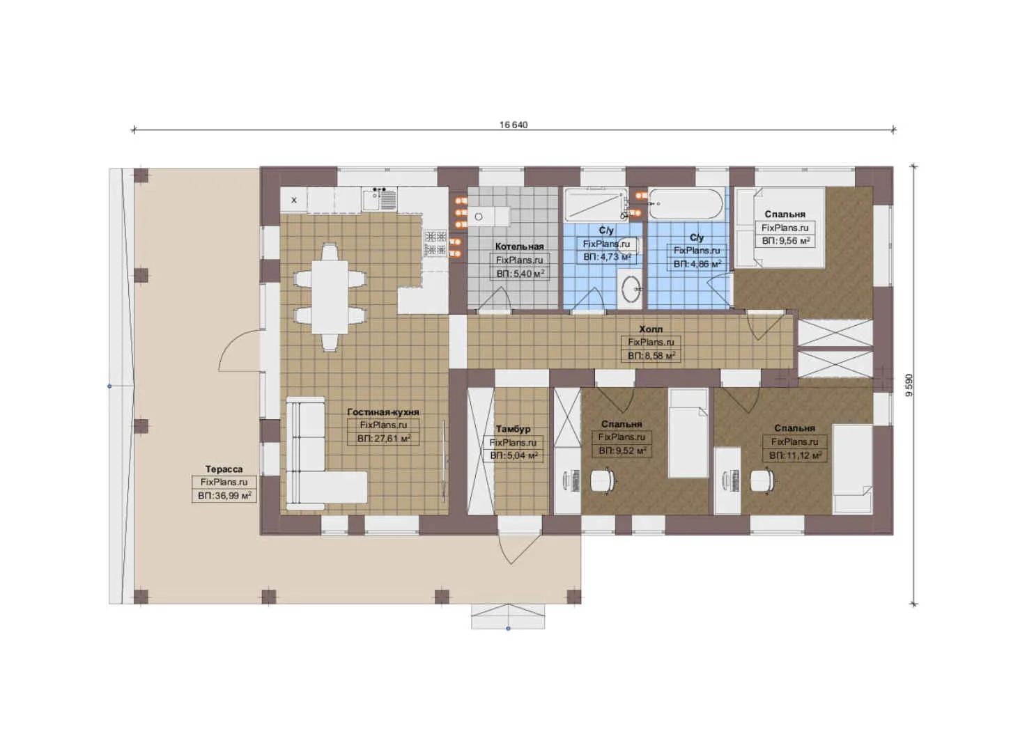 F-13751 - План одноэтажного дома 10 на 17, площадью 130 м² с террасой и 3 спальнями