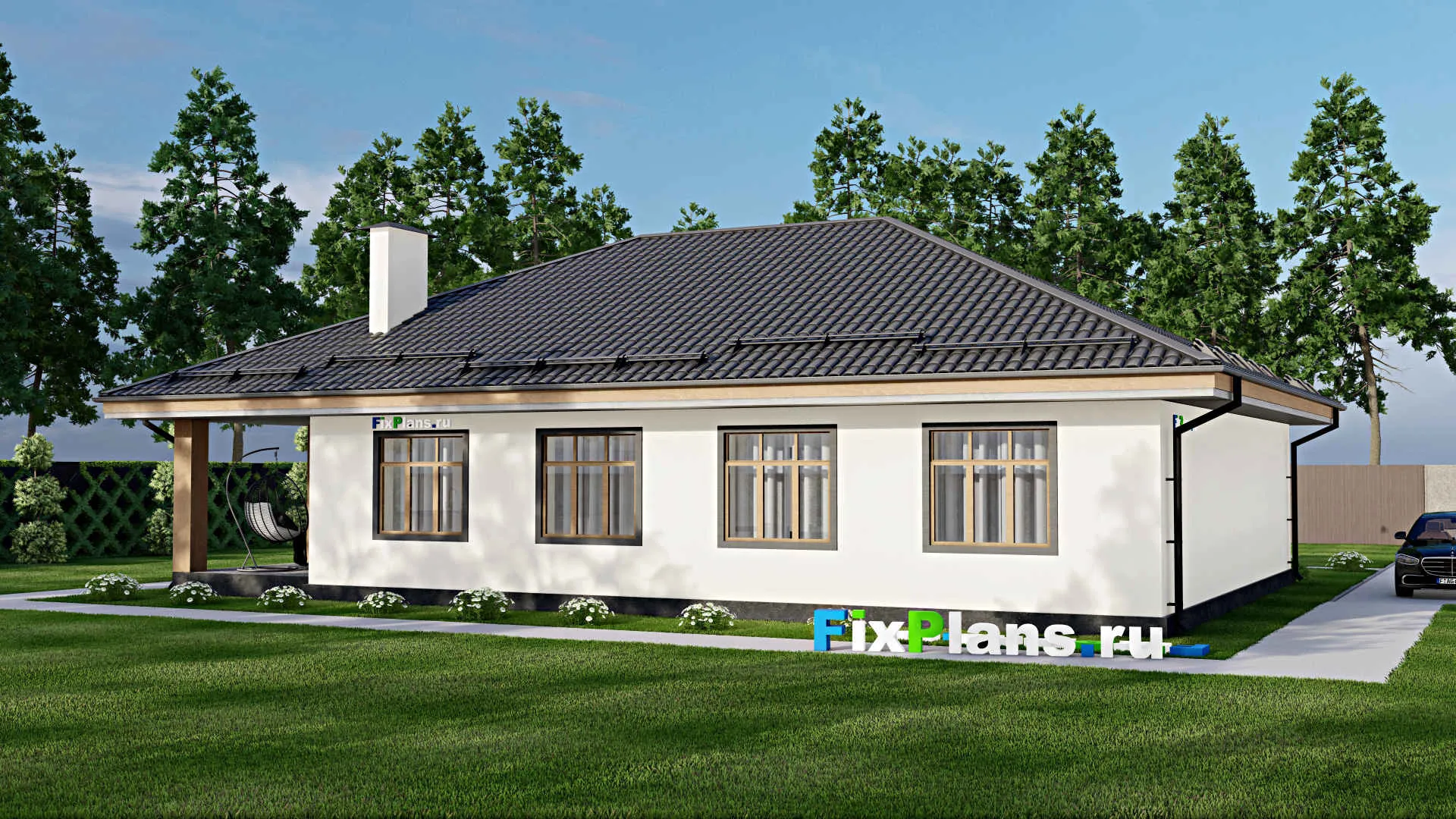 F-5093 - Проект одноэтажного дома 12 на 14, площадью 170 м² с террасой и 3 спальнями