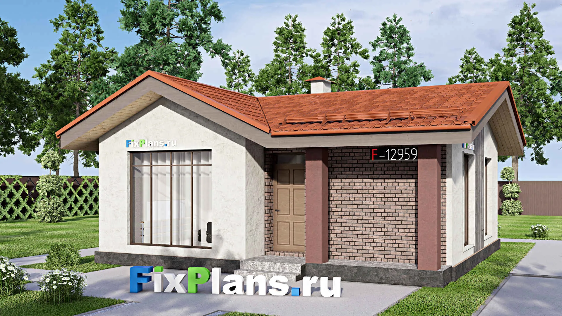F-12959 - Проект одноэтажного дома 9 на 9, площадью 60 м² с террасой и 2 спальнями