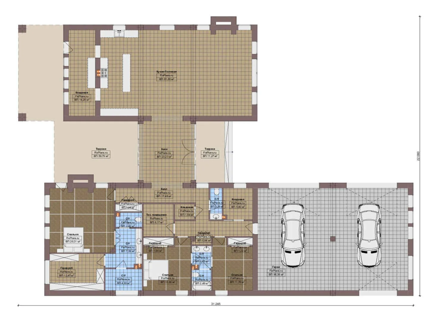 F-20582 - План одноэтажного дома 23 на 32, площадью 410 м² с террасой, гаражом на 2 машины и 3 спальнями