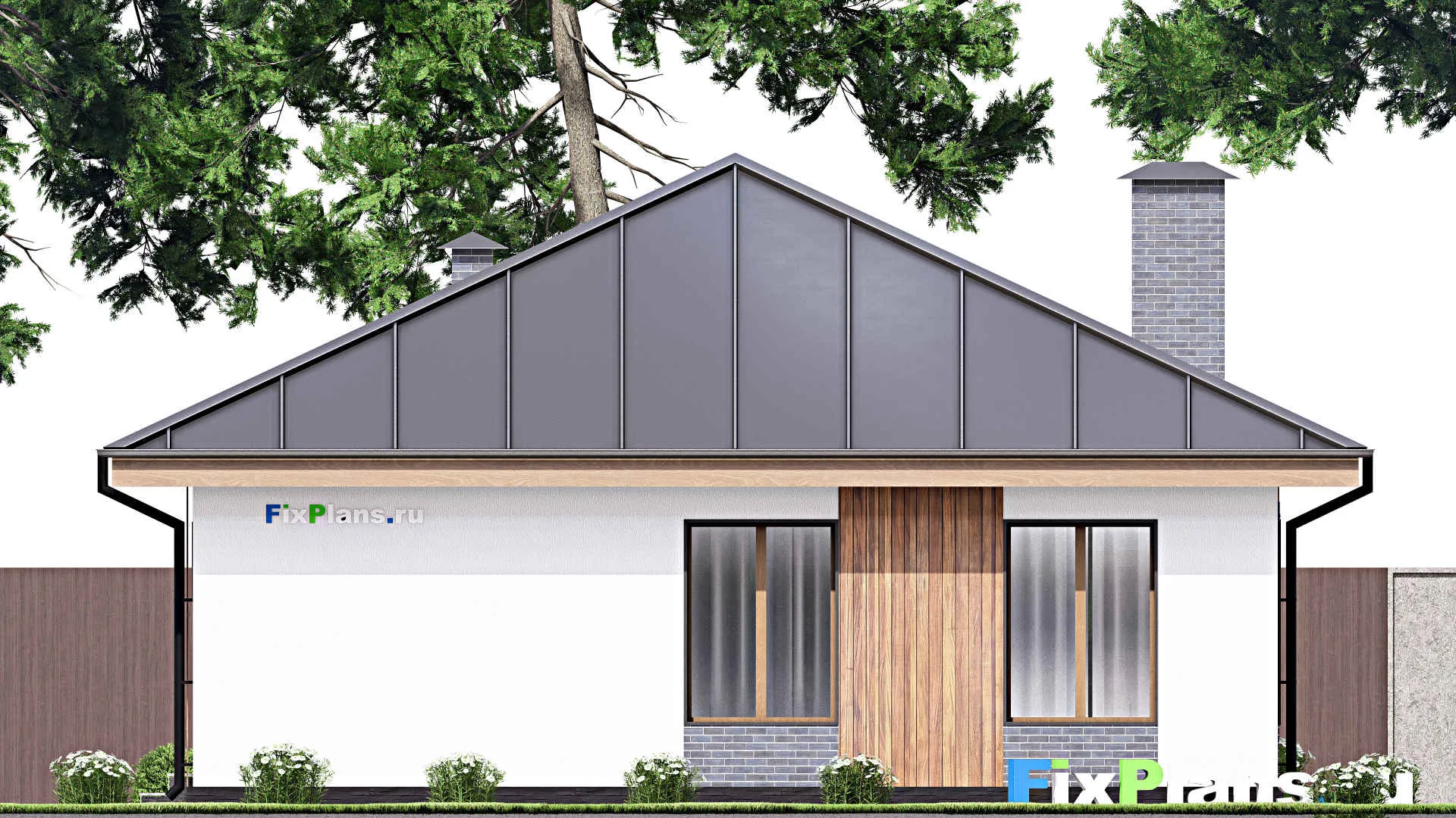 F-13562 - Проект одноэтажного дома 11 на 13, площадью 110 м² с террасой, баней и 2 спальнями