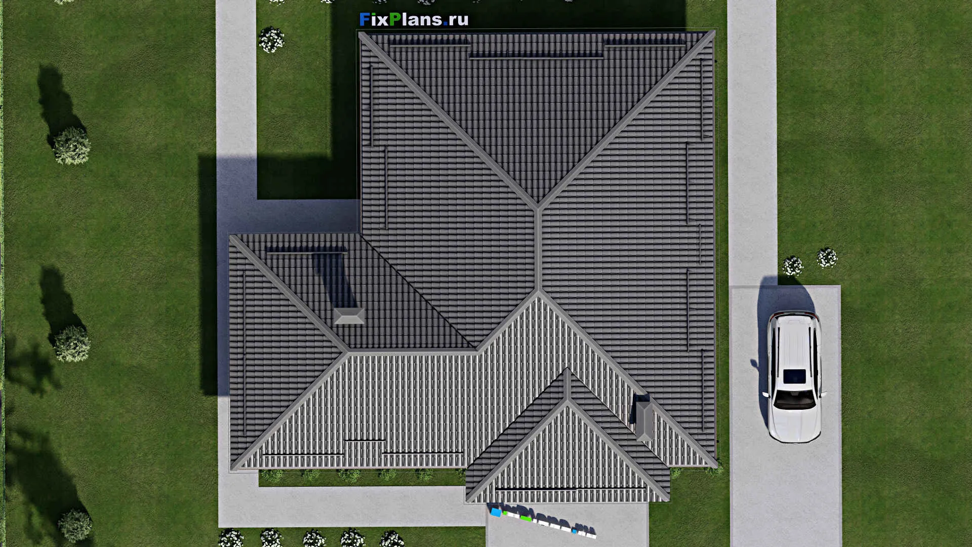 F-4607 - Проект одноэтажного дома 15 на 15, площадью 190 м² с террасой и 4 спальнями