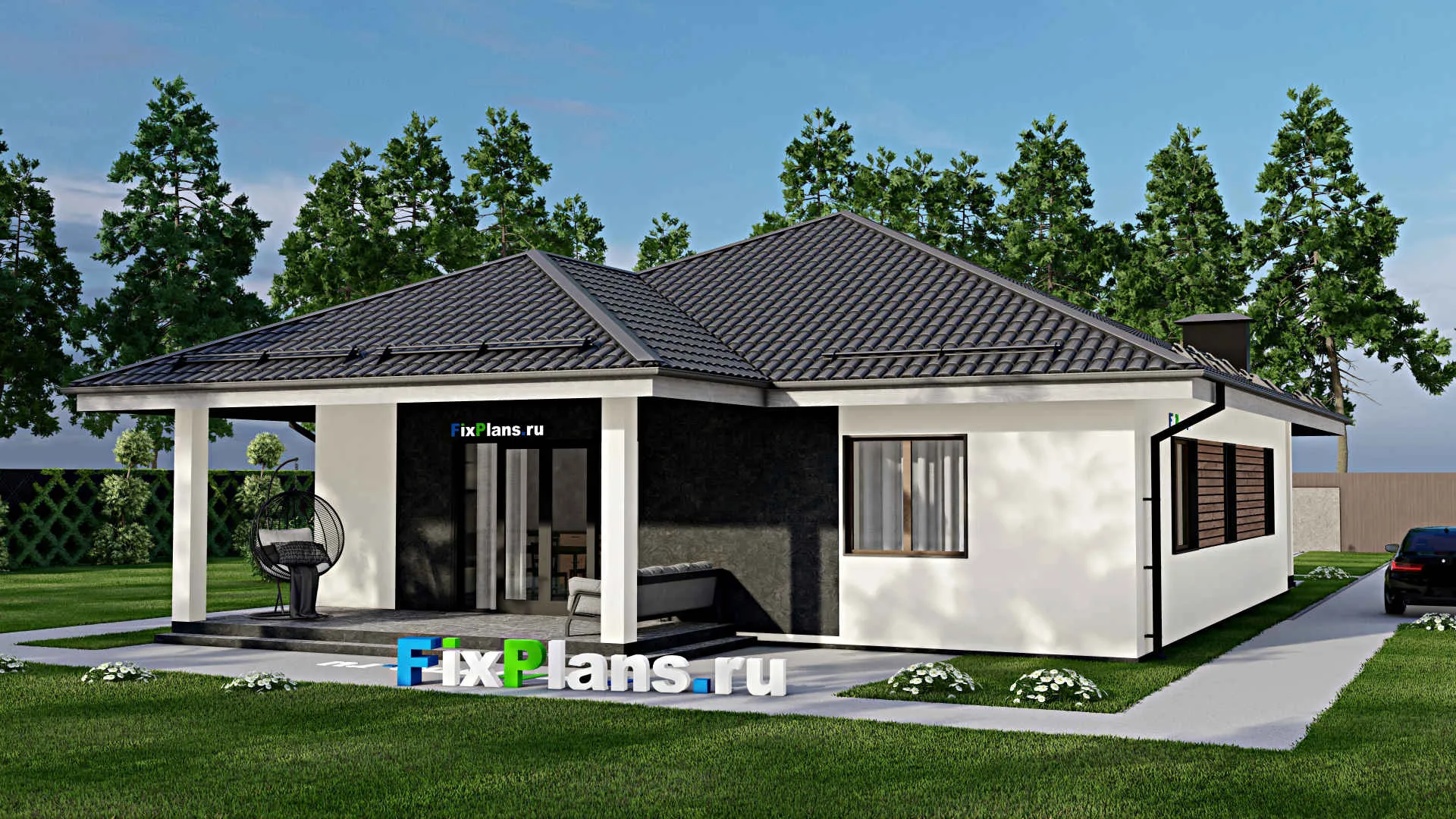 F-4355 - Проект одноэтажного дома 13 на 14, площадью 160 м² с террасой и 3 спальнями