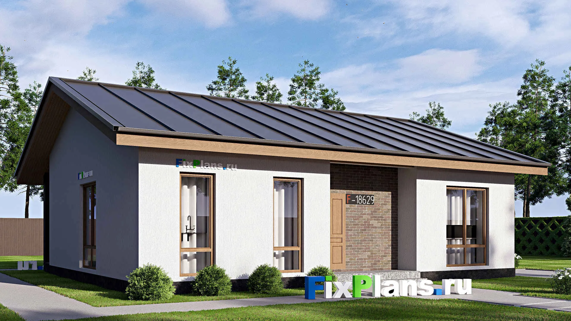 F-18629 - Проект одноэтажного дома 12 на 13, площадью 110 м² с террасой и 3 спальнями