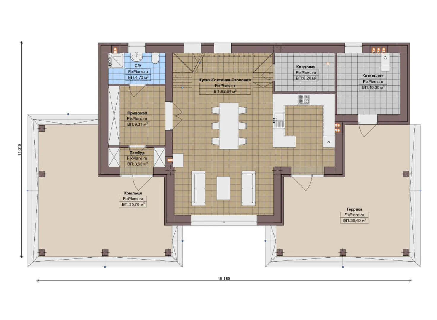 F-18809 - Планы двухэтажного дома 12 на 20, площадью 250 м² с террасой и 2 спальнями