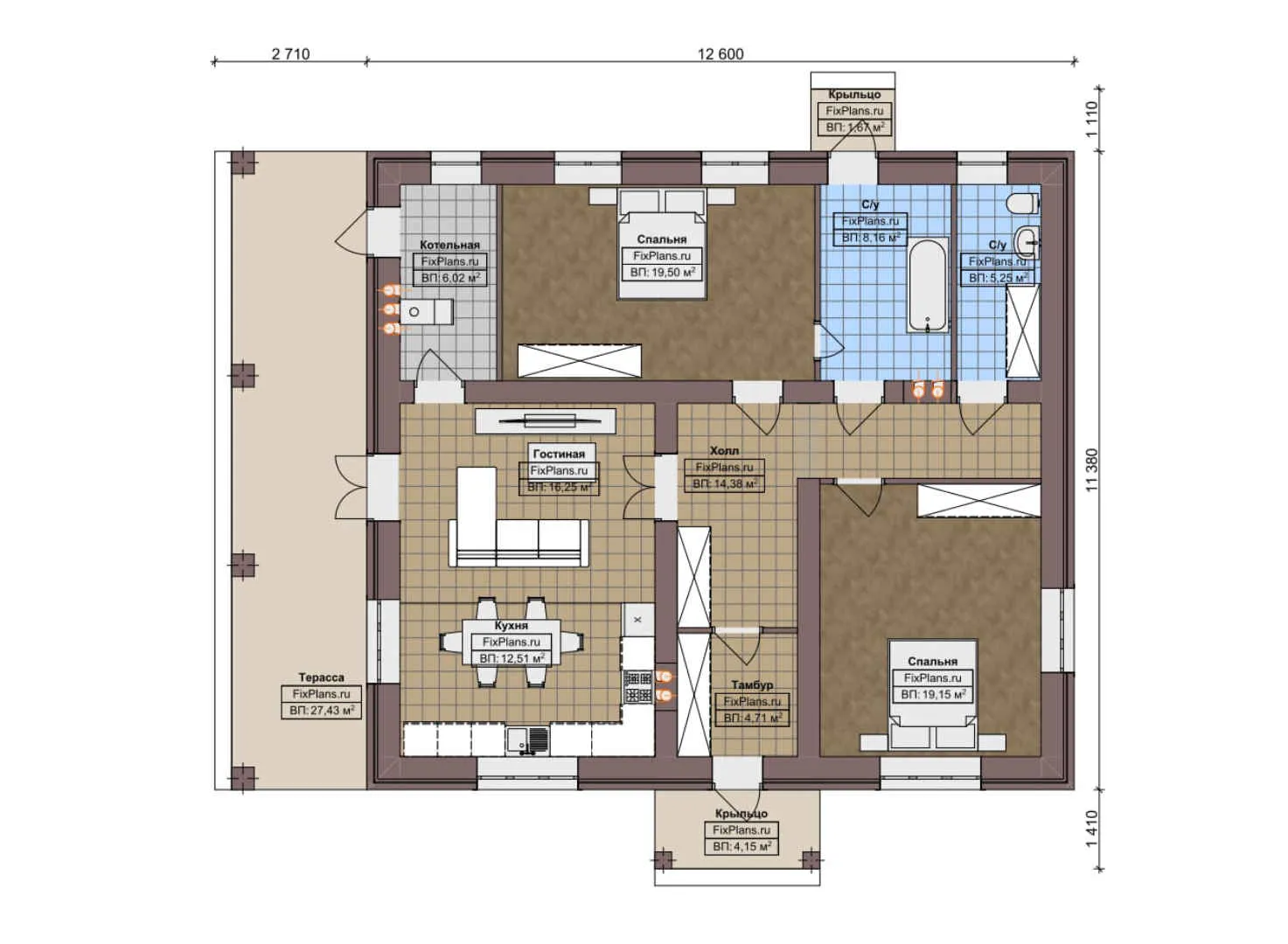 F-5444 - План одноэтажного дома 12 на 13, площадью 140 м² с террасой и 2 спальнями