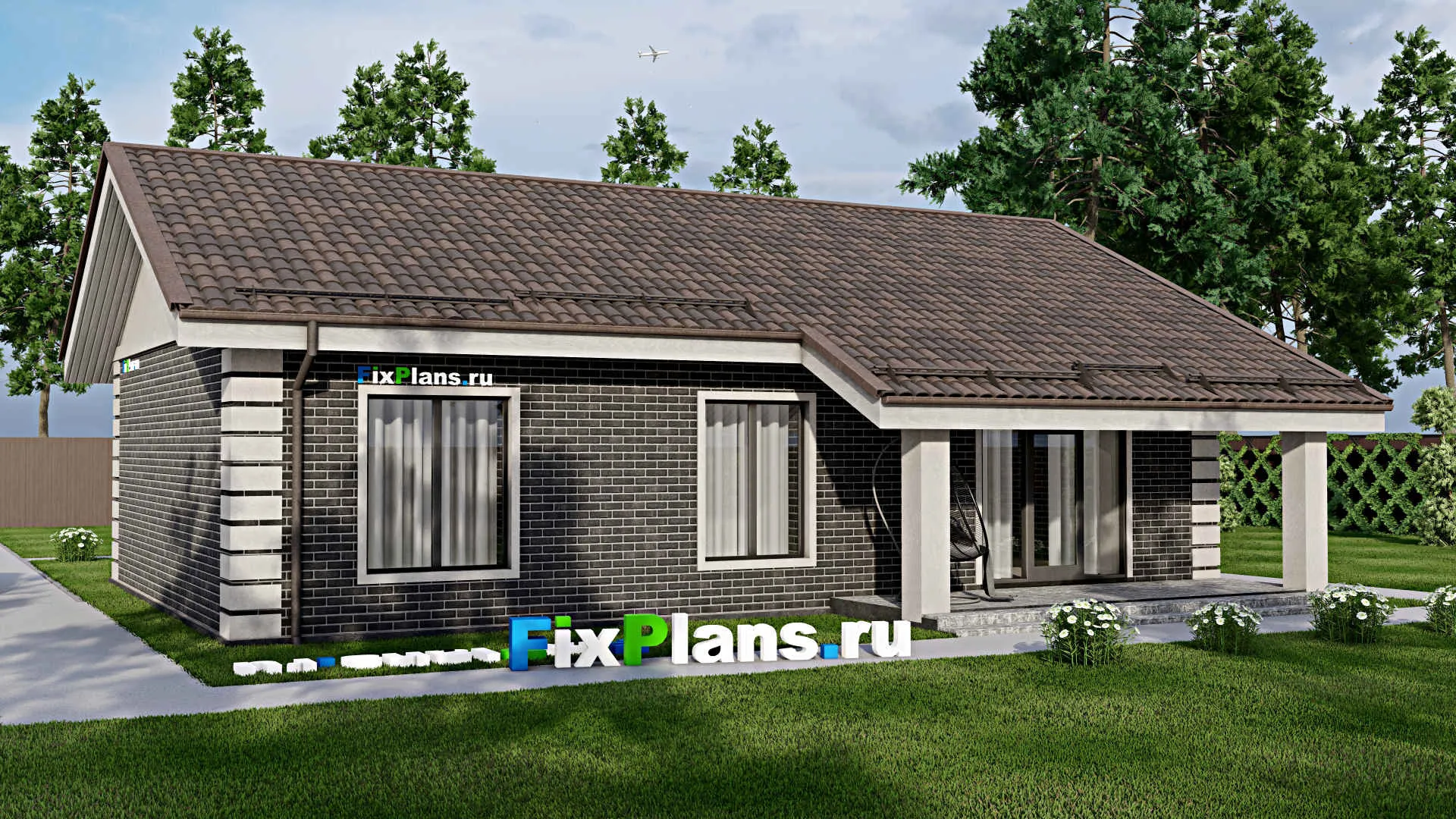 F-6992 - Проект одноэтажного дома 13 на 14, площадью 120 м² с террасой, баней и 3 спальнями