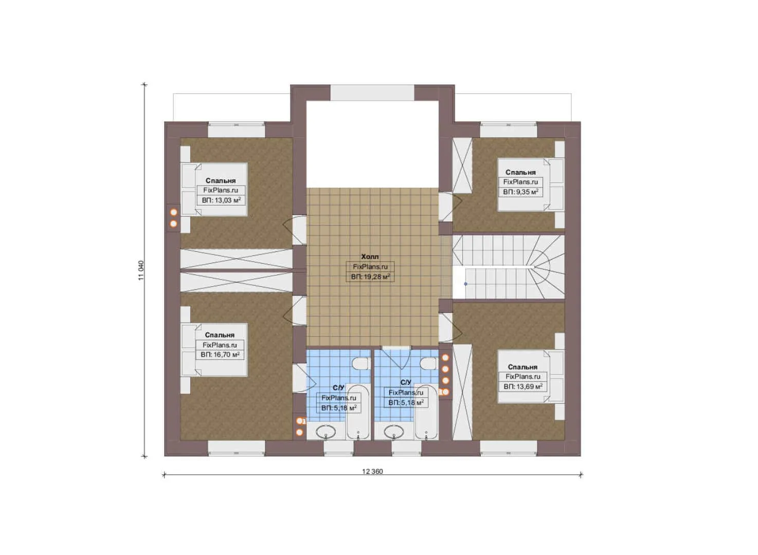 F-19394 - Планы двухэтажного дома 13 на 17, площадью 260 м² с террасой и 6 спальнями