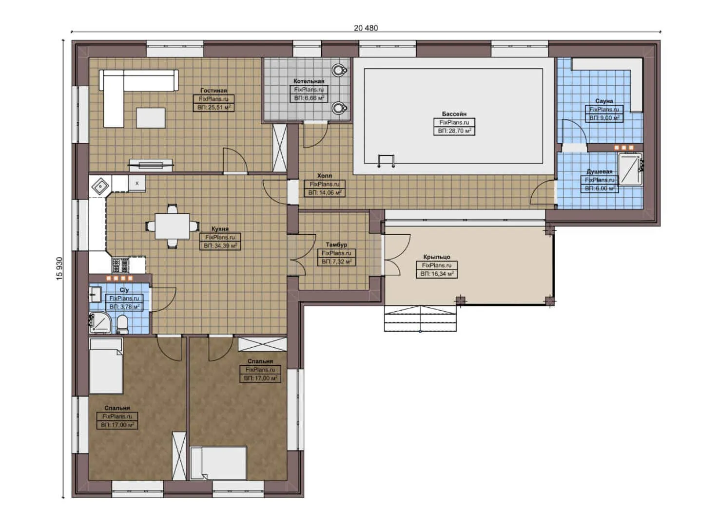 F-8162 - План одноэтажного дома 16 на 21, площадью 190 м² с террасой, баней, бассейном и 2 спальнями
