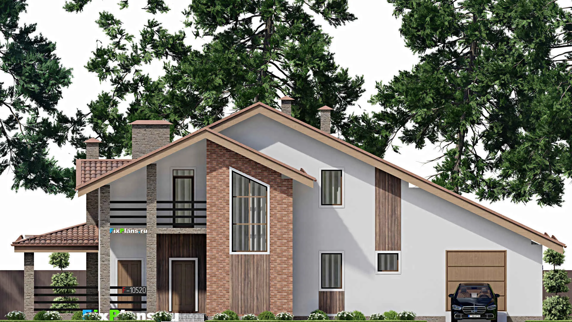 F-10520 - Проект дома с мансардой 14 на 22, площадью 270 м² с террасой, балконом, гаражом на 2 машины и 4 спальнями