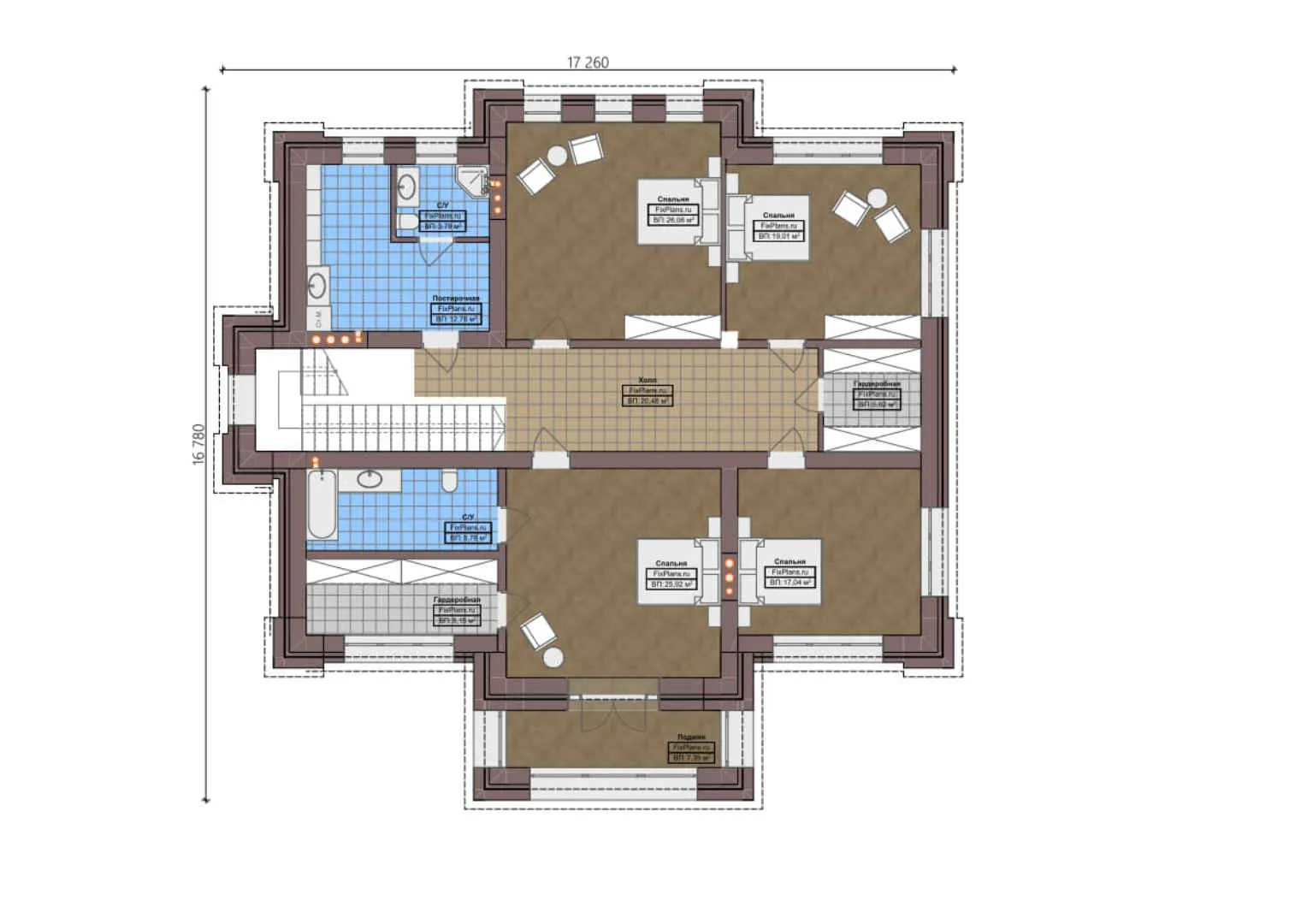 F-0080 - Планы двухэтажного дома 17 на 21, площадью 360 м² с террасой и 4 спальнями