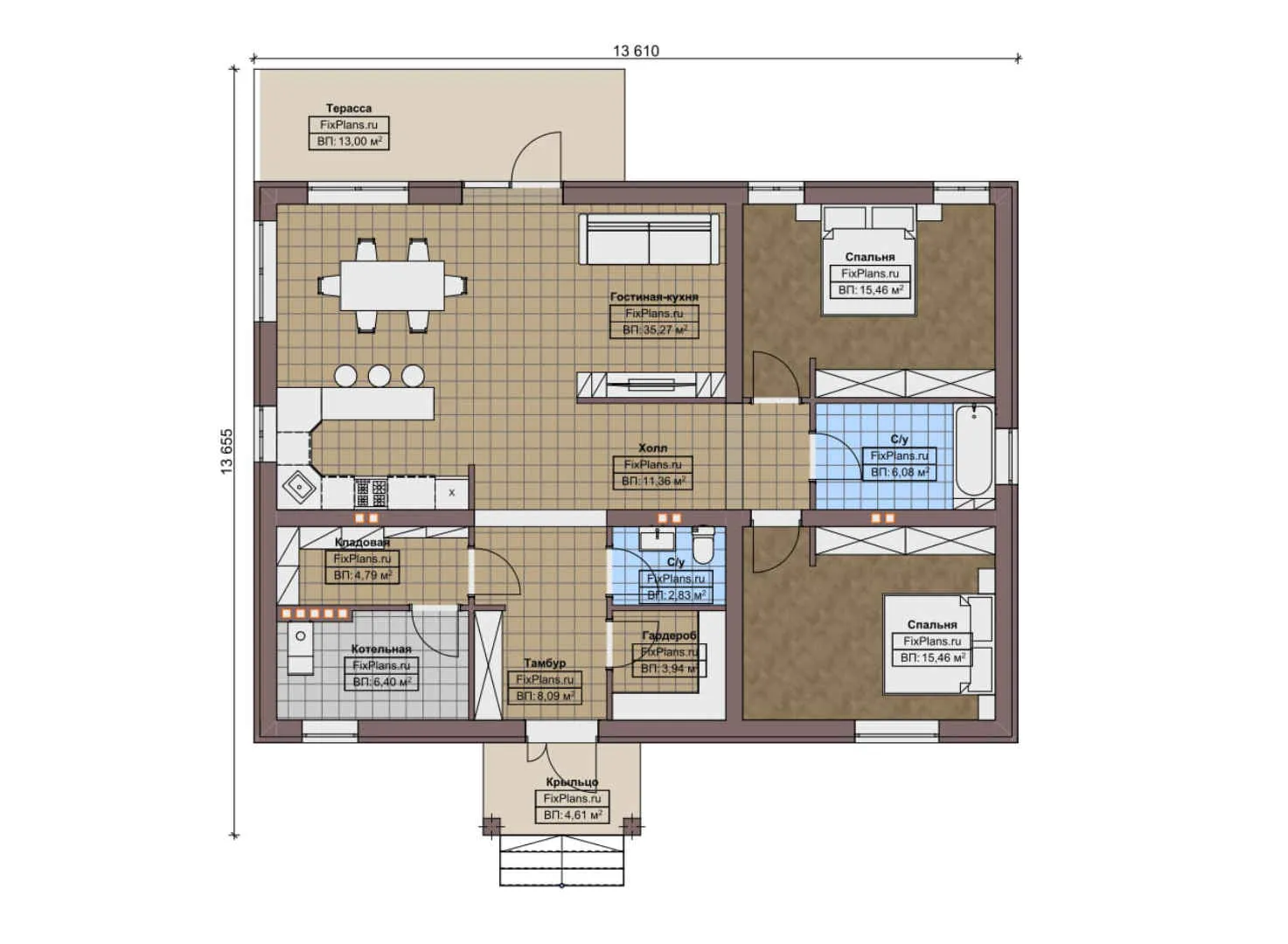 F-9080 - План одноэтажного дома 14 на 14, площадью 130 м² с террасой и 2 спальнями