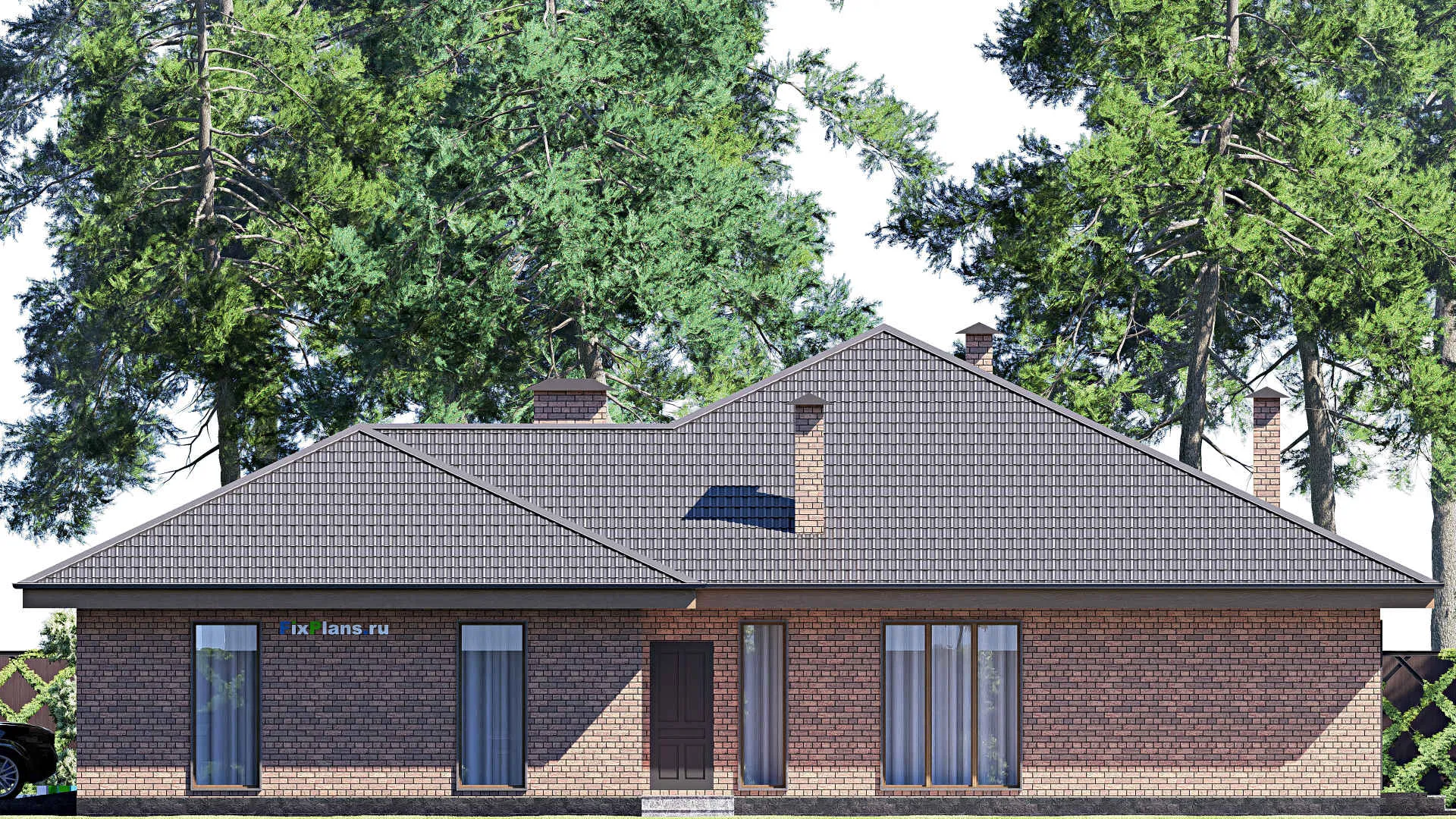 F-17738 - Проект одноэтажного дома 17 на 20, площадью 210 м² с террасой, гаражом на 2 машины и 3 спальнями