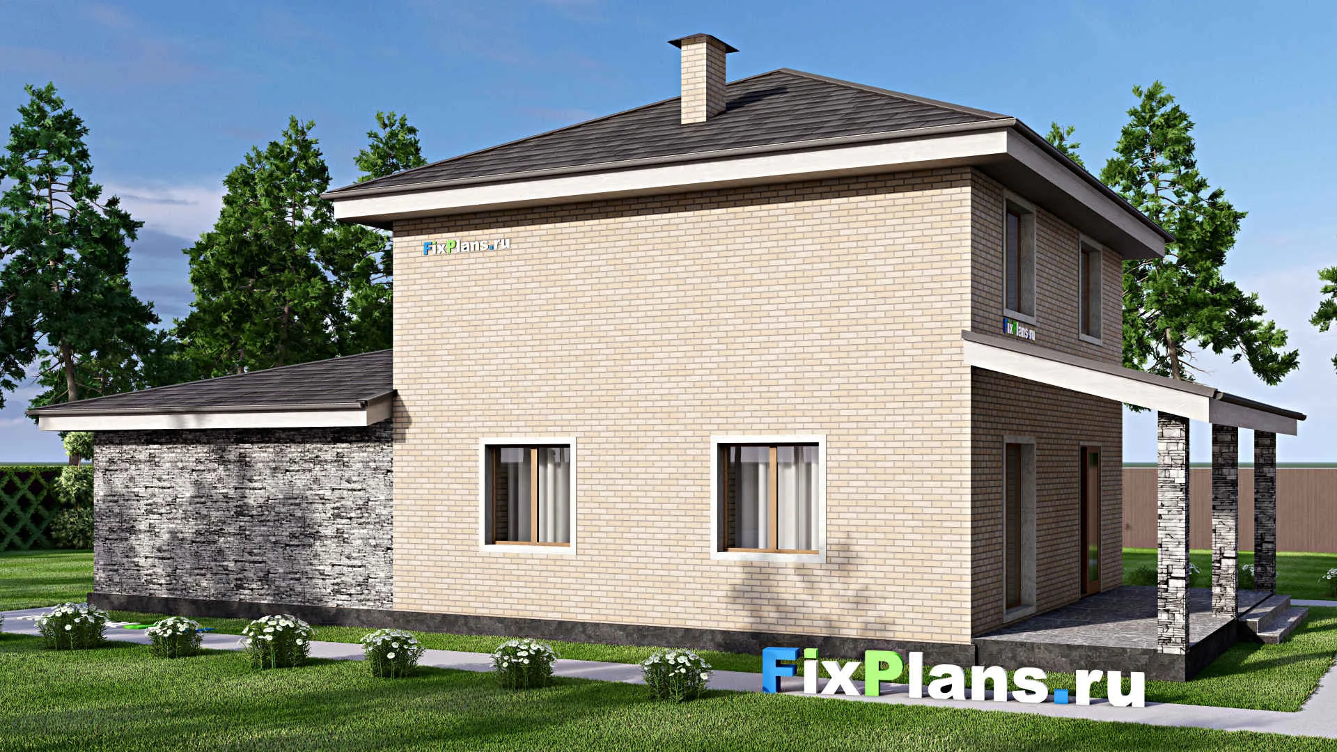 F-13364 - Проект двухэтажного дома 9 на 18, площадью 180 м² с террасой, гаражом на 2 машины и 3 спальнями