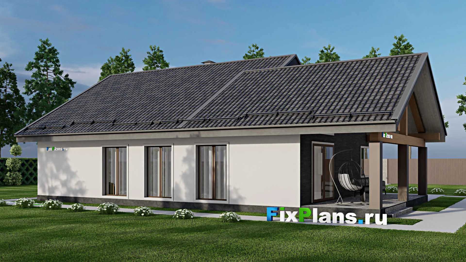 F-9035 - Проект одноэтажного дома 15 на 18, площадью 180 м² с террасой, гаражом на 1 машину и 3 спальнями