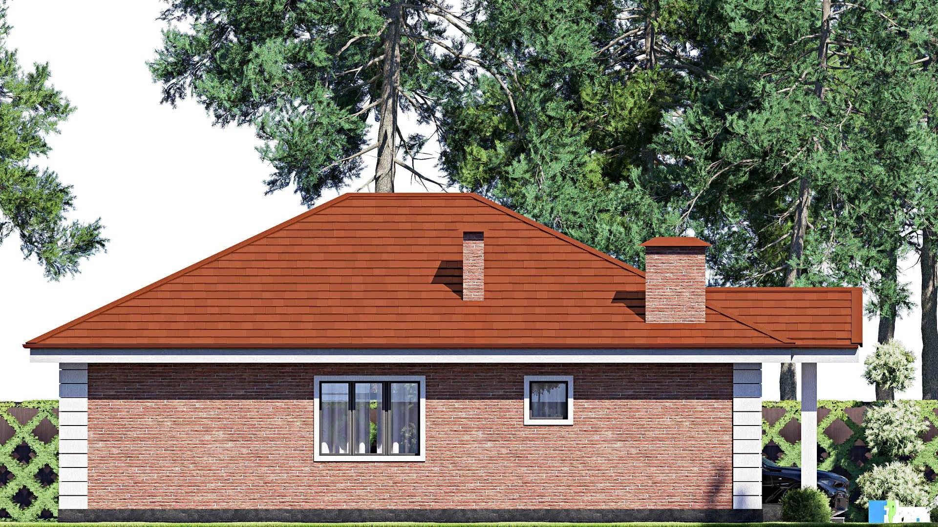 F-18233 - Проект одноэтажного дома 14 на 15, площадью 130 м² с террасой и 3 спальнями