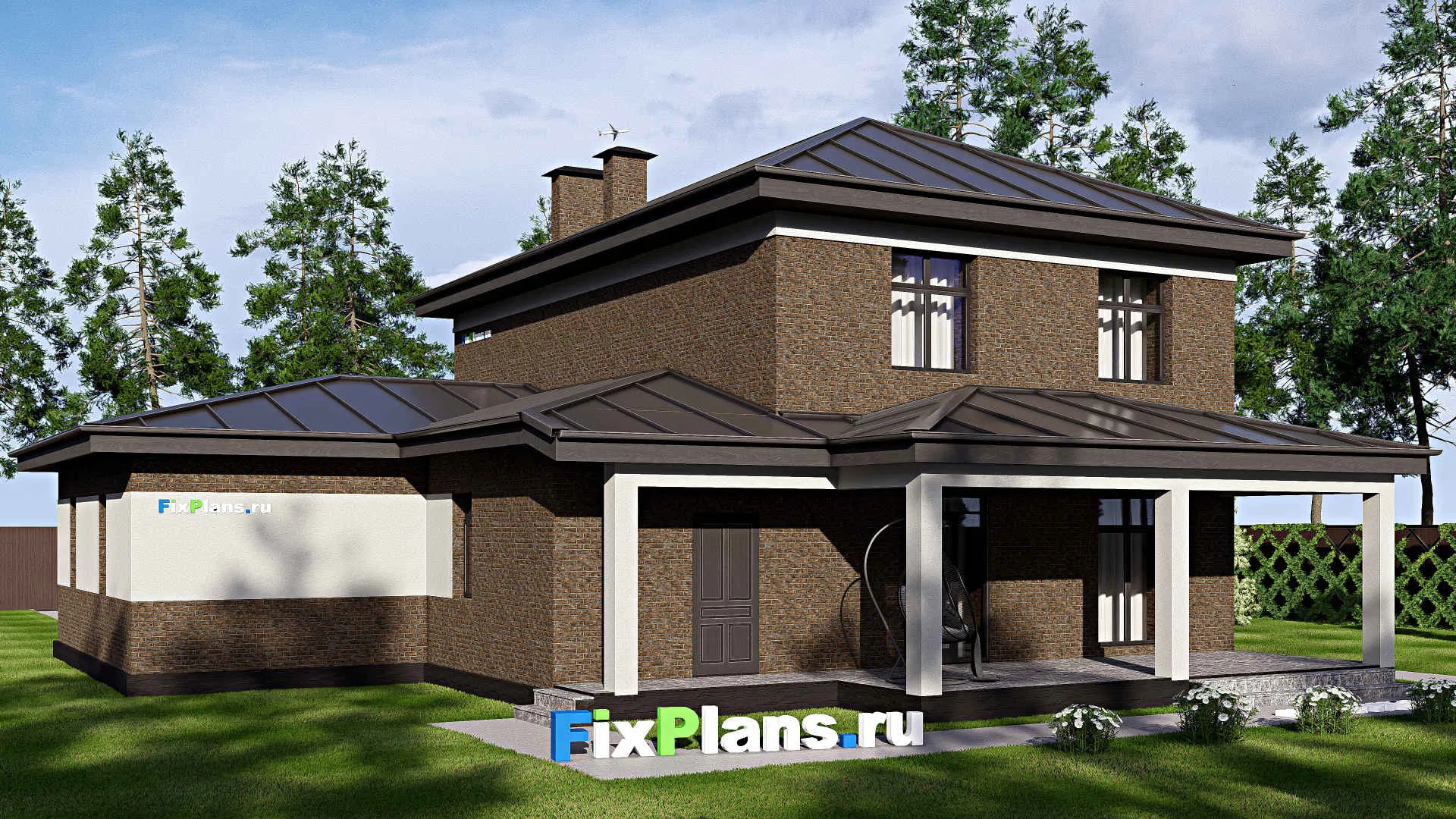 F-17963 - Проект двухэтажного дома 17 на 18, площадью 250 м² с террасой, гаражом на 2 машины и 4 спальнями